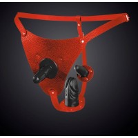 Красные кожаные трусики со штырьком и двумя съёмными стимуляторами Красные кожаные трусики со штырьком и двумя съёмными стимуляторами