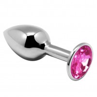 Серебристая анальная втулка с розовым кристаллом Mini Metal Butt L - 9 см.
