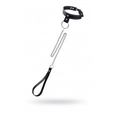 Черный узкий однослойный ошейник с серебристым поводком-цепочкой