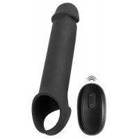 Черная вибронасадка для пениса с хомутом для мошонки и пультом ДУ Remote Controlled Penis Extension