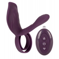 Фиолетовая насадка на член с клиторальным отростком и пультом ДУ RC Couple’s Vibrator 2