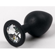 Черная силиконовая анальная пробка с прозрачным кристаллом - 9,5 см.