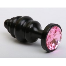 Черная фигурная анальная пробка с розовым кристаллом - 8,2 см.
