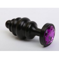 Чёрная ребристая анальная пробка с фиолетовым кристаллом - 7,3 см.