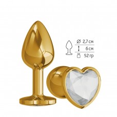 Анальная втулка золотистая с прозрачным кристаллом-сердцем - 7 см