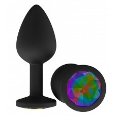 Чёрная анальная втулка с разноцветным кристаллом - 7,3 см.