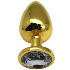 Золотистая анальная пробка с прозрачным кристаллом - 9 см.