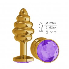 Золотистая пробка с рёбрышками и фиолетовым кристаллом - 7 см.
